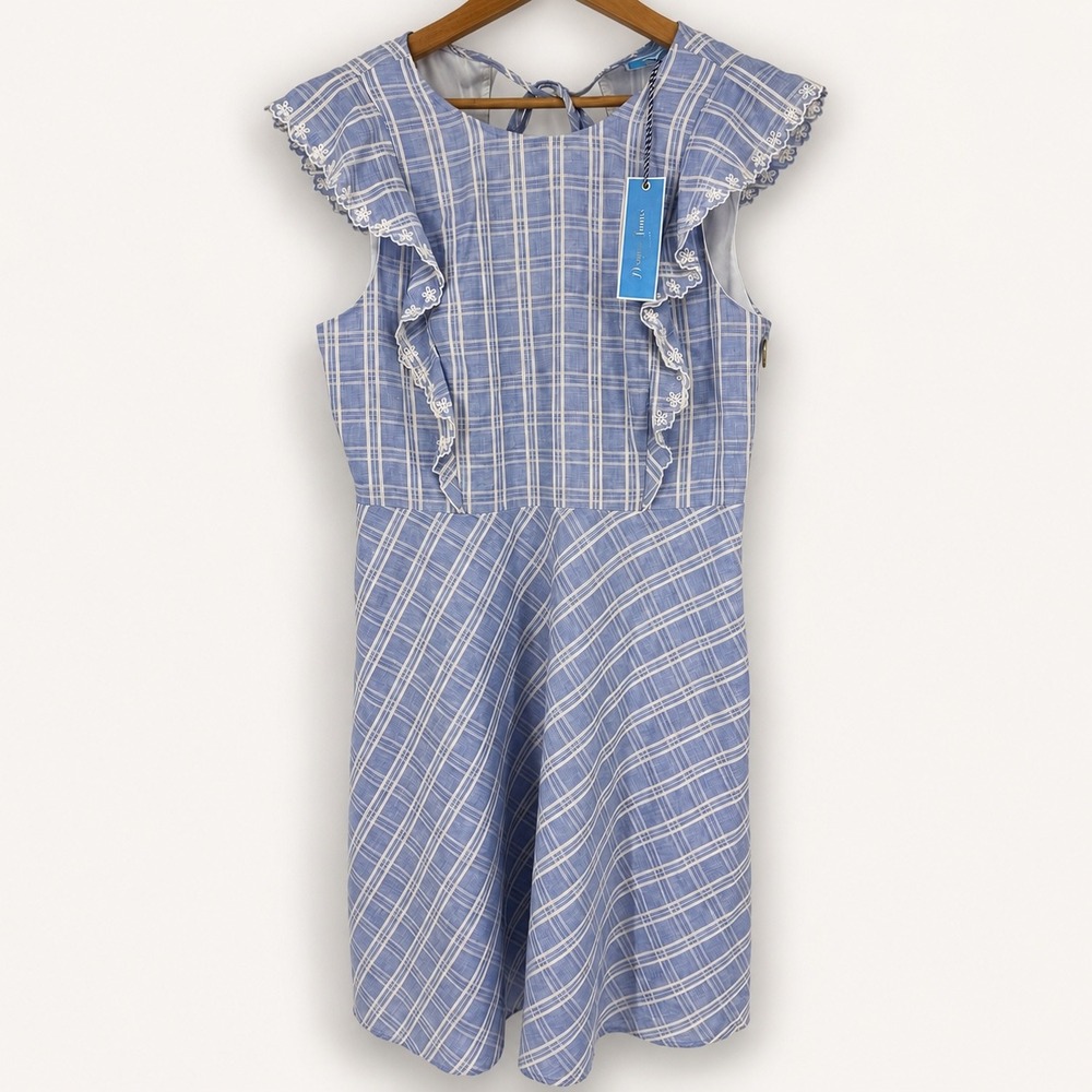 NEW Draper James 12 Linen Cotton Dress Plaid Flutter Sleeve Eyelet Trim Southern